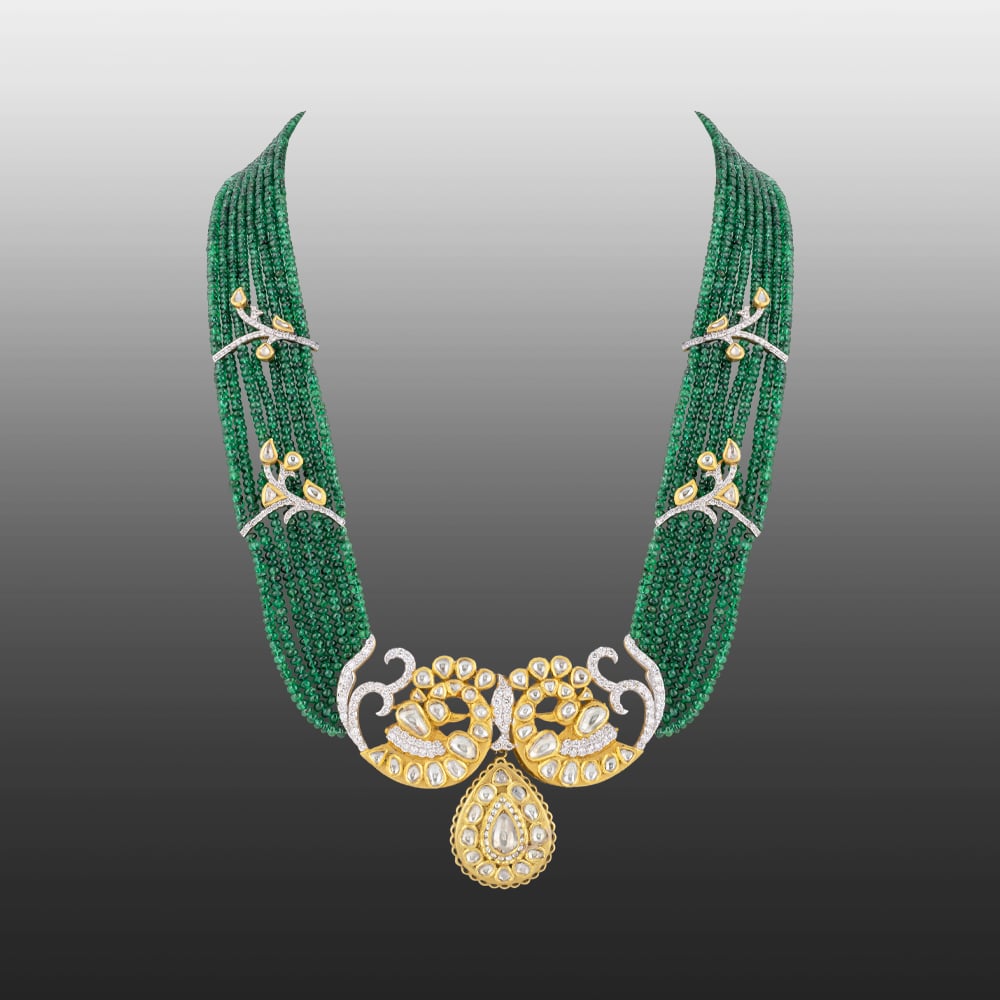 Layered Emerald Bead Necklace with Peacock Polki & Bud Motifs